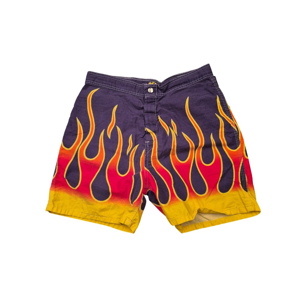 Vintage Sundek Flame Print Board Shorts Navy Red Orange Mens Sz 28 USA VTG